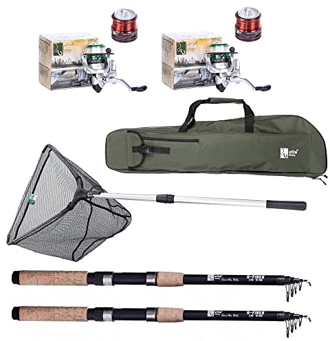 Zite Fishing Angelset Forelle / 2 Teleskop-Ruten 240cm / 2 Forellen-Rollen Bespult / 1 Rutentasche Angeln 100cm / 1 Angel-Kescher Gummiert 160cm