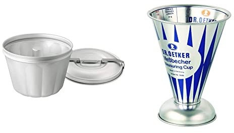 Dr. Oetker 2531 Wasserbadform Aluminium Ø 21 cm (Füllvolumen: 2,5 Liter), Menge: 1 Stück & Messbecher Nostalgie, Messkanne aus Weißblech (Maße: Ø11x14,5 cm), Menge: 1 Stück