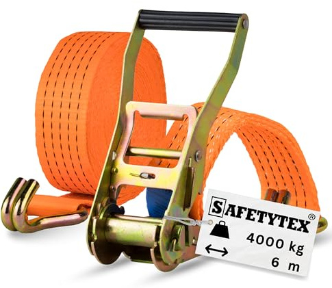 Safetytex Spanngurt 4 t 6 m 50 mm Ratsche Spitzhaken zweiteilig (1 Stück) | DIN EN 12195-2, LC 2000/4000 daN, Zurrgurt, LKW, Anhänger, Spedition, 100 % Polyester, Profiqualität