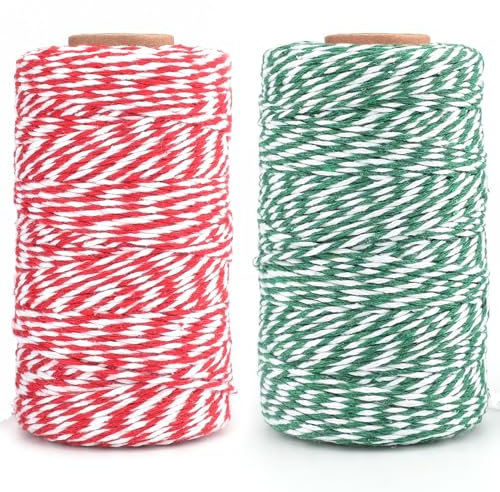 KINGLAKE Spago natalizio per confezioni regalo, 200 m, verde, rosso e bianco, spago da macellaio da 2 mm per artigianato, panettieri spago di cotone natalizio per cucina, cucina, carne, giardinaggio