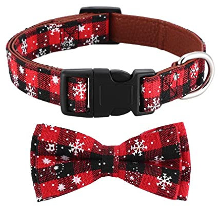 Asvin Weihnachten Hundehalsband, mit Hunde Fliege Abnehmbarer, Weich und Bequem Hunde Halsband Einstellbar, für Wenige Mittlere und Große Hunde