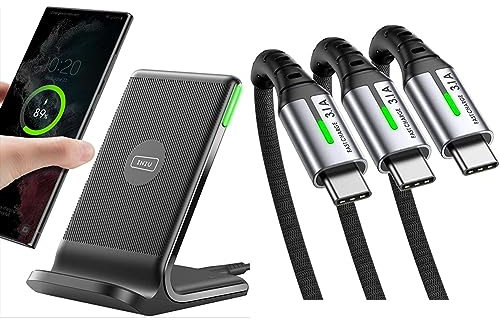 INIU Wireless Charger, 15W Fast Wireless Charging Stand with Sleep-friendly Adaptive Light & USB C Charger Cable, [3 Pack 0.5+2+2m] USB A to USB C Cable 3.1A Fast Charging