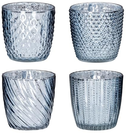 Set med 4 vindljus H9 cm glas silver blå värmeljushållare bordsdekoration ljus retro ljusstake Mercury glas bordsdekoration dekoration