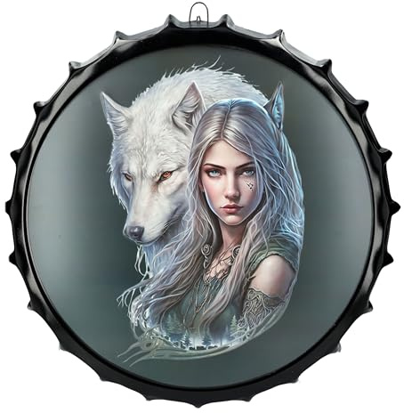 Figuren Shop GmbH Blechschild Kronkorken Wolf Prinzessin 42 cm - Wand Deko Schild Metallschild Gothic Blech Metall Fantasy Frau