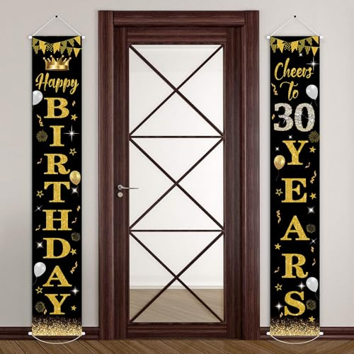 POPOYU 30. Geburtstag Banner Männer Frauen,30 Geburtstags Deko Schwarz Gold,Banner 30. Geburtstagsfeier Dekorationen Hintergrund,BannerGeschenke für Geburtstag Poster Türbanner Veranda Schild