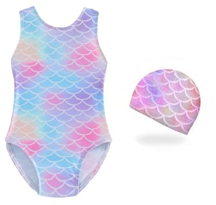 Costume da Bagno per Ragazze, Costume Piscina Bambina con cuffia da nuoto,Costume Intero Bambina Sirena, Bikini da Spiaggia Ragazze, Estivo Senza Manica Costume da Bagno per Spiaggia Estate, 110