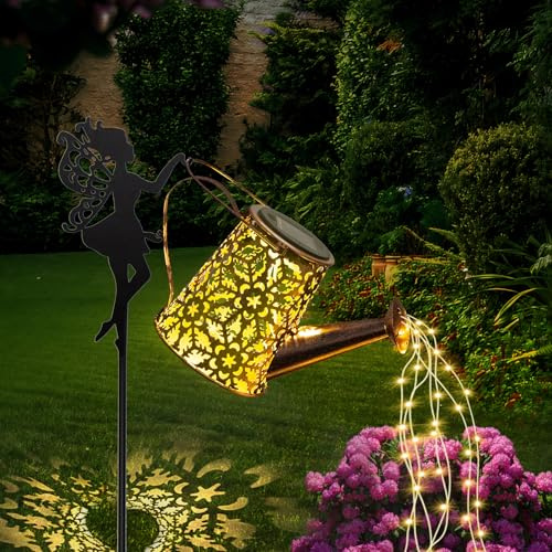 GLOBAL GOLDEN Solar Watering Can Light, LED Solar String Lights Waterproof Dual Mode Water Can Lights for Garden Patio Yard Pathway Lantern Plant Decoration (Snowflakes) | Garden Ornaments Outdoor Waterproof Fairy String Lights, Hanging Metal for Yard Lawn Pathway Patio, Gifts for Women Mum