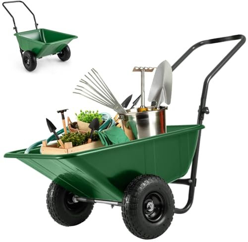 TANGZON 2-Wheeled Garden Wheelbarrow, 330LBS Heavy-Duty Utility Garden Cart with Foldable Handlebar, Pneumatic Tires, Yard Lawn Easy Loading Dumping Tipping Carts for Moving Soil (Black+Green)