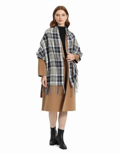 Miss Lulu Winter Schal Damen Oversized – kuschelig warmer karierter Wollschal mit langen Fransen, Weihnachtsschal für Frauen, Mama & Freundin oder für Alltag (Tiefblau)