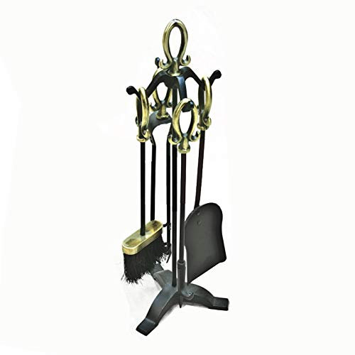 SmPinnaA Kaminbesteck-Set Mit Goldenen Griffen, Für Drinnen Und Draußen, Feuerstelle, Schürhaken, Zange, Schaufel, Bürste, Ständer Für Holzofen, Herd, Antik