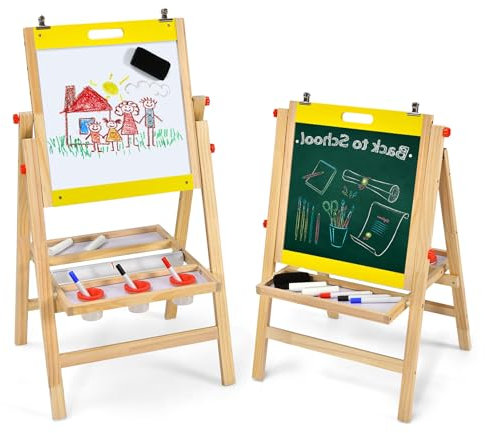 HOMASIS 3 in 1 Kindertafel doppelseitig, Holz Staffelei mit Kreidetafel, Whiteboard, Papierrolle, Kinderstaffelei höhenverstellbar mit Zubehör, klappbare Maltafel Standtafel für Kinder ab 3 (Gelb)