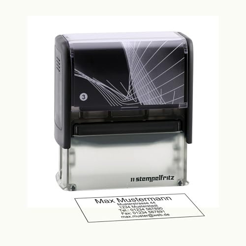 Personalisierter Stempel stempelfritz Gr.3 direkt hier Erstellen – selbstfärbender Firmenstempel, Adressstempel, Namensstempel oder Lehrerstempel – Gehäuse Schwarz-Schwarz, 58x22mm, max. 6 Zeilen
