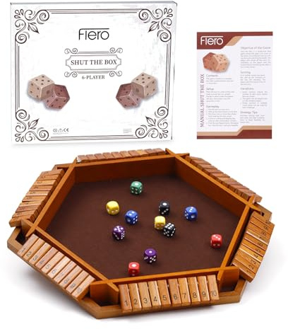 Flero Shut The Box - 6 Spieler - Würfelspiel - Taktik- und Rechenspiel - Brettspiel, Lernspielzeug, Bildungsspiel für Kinder und Erwachsene (Braun) - 12 Würfel