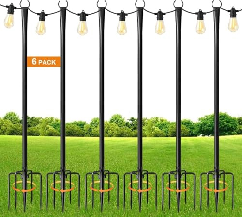 HoldOneLight 6 Pack 9.8FT Heavy Duty Metal Outdoor Light Poles with Ground Stake & Fork Hooks - for Hanging String Lights on Patio, Pergola, Garden, Backyard, Yard, Camping