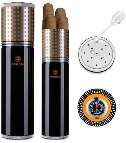 Humidor de cigarros de viaje de acero inoxidable con humidificador e higrómetro, estuche portátil para puros de 3 a 5 puros, higrómetro de puros, gran regalo para hombres (negro)