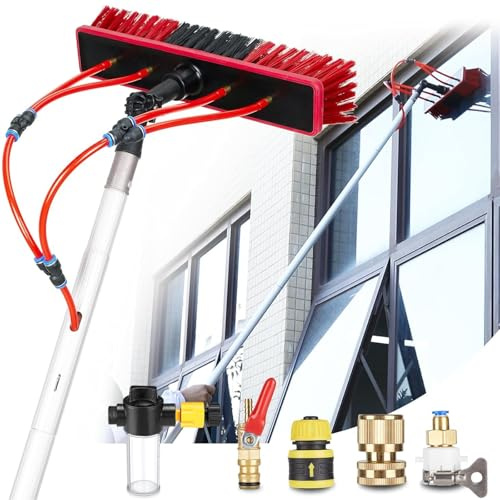 YFSMBD Brosse de Lavage Telescopique 3-16 mètres, Nettoyage Panneaux Solaires, Toiture, Murs, Vitres, Voiture, avec Perche Telescopique, 20m Tuyau, Distributeur Savon (15m,35cm Brosse)
