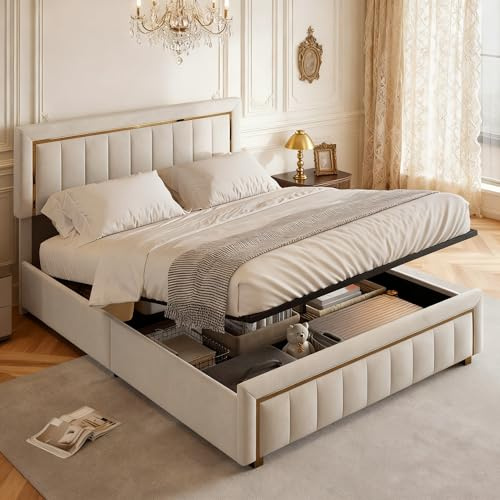 BRYXR Doppelbett 160 x 200 cm, Polsterbett mit Stauraum, Bett mit Lattenrost und Hydraulisch Stauraumbett, Bettgestell für Erwachsene und Jugendliche, Samt, Beige, Ohne Matratze