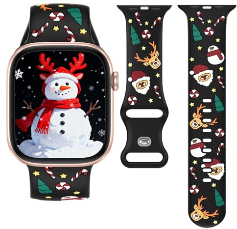 Kamita Christmas Watchband for Apple Watch Straps 42mm 41mm 40mm | Soft Silicone Wristbands Replacement Strap, Cartoon Xmas Bands for Apple Watch Series 11 10 9 8 7 6 5 4 SE (Black)