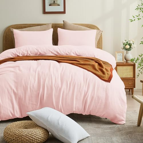MEISHANG Muslin Duvet Cover Queen Size - 100% Organic Cotton, Soft Textured Gauze Weave Comforter Cover for Breathable All-Season with Zipper Closure - 3 Piece Set (Queen, Light Pink)