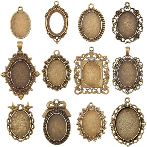SUNNYCLUE 1 Schachtel 12 verschiedene Anhängerrohlinge Bronzefassung Antike Ovale Basis Cabochon Fassungen Metallrohlinge Anhänger Für Die Schmuckherstellung Brautschmuck Hochzeitsstrauß Abschlussfeie