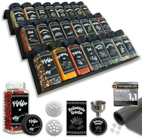 Perfektura Gewürz Organizer Schublade Gewürzregal Schublade - 24 Gewürzgläser mit Etiketten, Premium Schubladen Organizer, ausziehbar & flexibel einstellbar