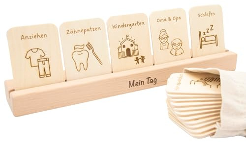 Astrein® | Montessori Tagesplaner | Routinekarten aus Holz | Montessori Spielzeug ab 3 Jahren | Tagesplaner für Kinder mit 16 Karten | Tagesabläufe Kleinkinder (Erweiterungsset: Freizeitaktivitäten)