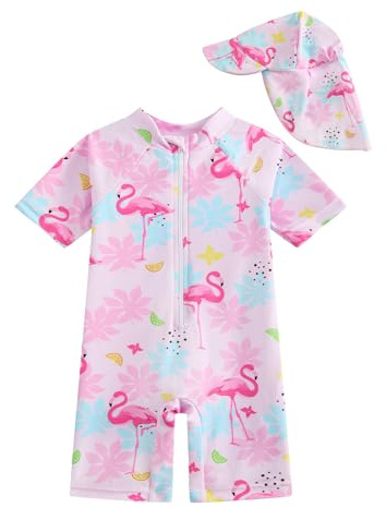 JiAmy Traje de baño de bebé niña con sombrero de sol manga larga protección UV traje de baño para bebé niña traje de baño traje de baño, Pink Flamingo, 9-12 meses