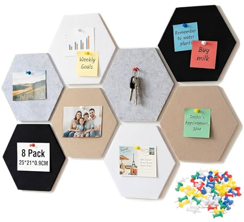 SRunDe 8 Piezas Tablero Corcho Hexagonal 25x21CM Corcho Autoadhesivo | Hexagonal pared con 50 Chinchetas Decorativas Pizarra de Fieltro para pared Oficina Escuela Hogar Decoración Pegatinas Notas