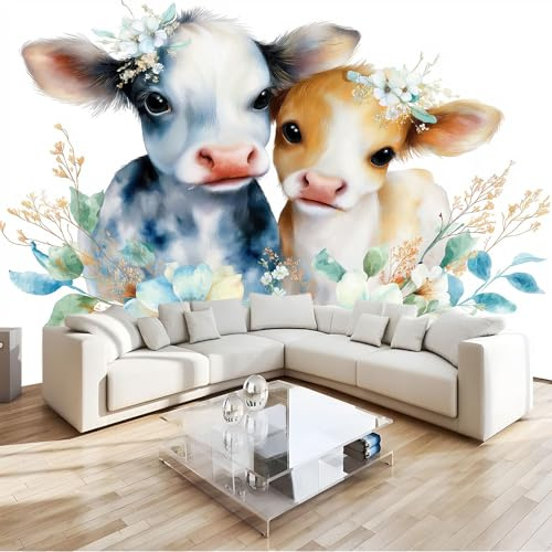 Bambini Carta Da Parati Acquerello Fiori Animali, Murale Piante Bovini 200 X 140 Cmnon Tessuto Murale Per Ragazzi Ragazze - Moderna Decorazione Da Parete Bianco Per Mobili Camera Da Letto Soggiorno