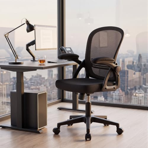 Ergoreal Ergonomischer Bürostuhl, 90-110° Verstellbare Rückenlehne & Aufklappbare Armlehnen (90°), Bürostuhl mit Rollen & Höhenverstellung,Homeoffice & Arbeitszimmer (Tiefe Schwarz)