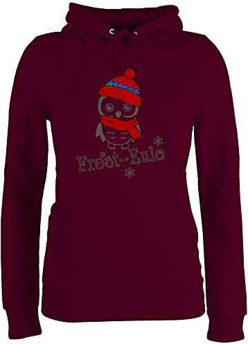 Pullover Damen Hoodie Frauen - Eule, Fuchs & Co. Geschenk - Frost-Eule - XL - Burgundrot - winterpulli typisch frau eule pulli weihnachtshoodie fuchs-motiv eulen hoody weihnachtshoodies tieren