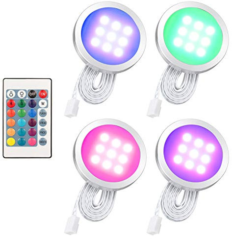 Lixada 4PCS RGB LED Kabinett Licht Installationssatz mit Fernbedienung für Bücherschrank Wandschrank, Dünne Runde Form Unterbauleuchte Farbändernde Dimmable Helligkeit Justierbar.