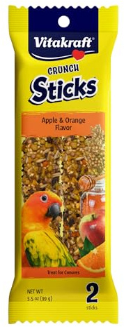 Vitakraft Crunch Sticks Conure Treat 2 Sticks - Apple and Orange Flavor – Triple Baked for Crunch – with Added Vitamins and Minerals Natural with Wood Chew Center – Includes Cage Clip Holder