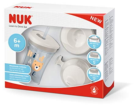 NUK 3-in-1 Trinklern-Set, mit Trainer Trinkbecher Baby, Magic Cup 360° Trinklernbecher und Action Cup Trinklernflasche, 6+ Monate, 230ml, BPA-frei, bär (grau)