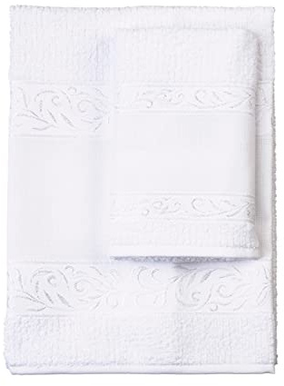 Filet - Set 2 Asciugamani da bagno in spugna con inserto in tela aida da ricamare | 60x105cm e 40x55cm | Viso e Ospite | Spugna di alta qualità | Made in Italy |Bianco