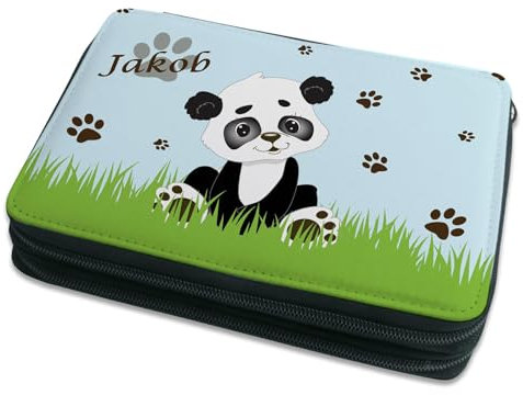 CreaDesign Kinder Federmäppchen mit (Wunsch) Namen, einzigartige Federtasche durch Personalisierung, Schulmäppchen - Motiv Panda Bär