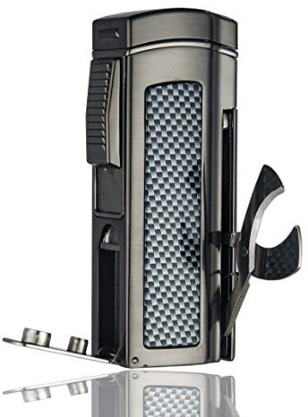 Table Cigar Lighter Large Size Windproof Lighters Metal Torch Butane Lighter 4 Jet Red Flame Refillable Lighters with Two Tools Cigar Punch and Cigar Scissors (Gunmetal)