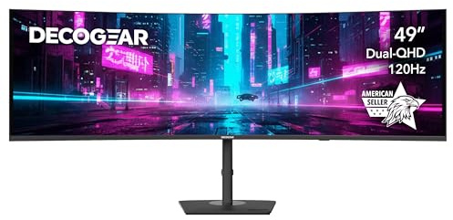 Deco Gear - Monitor de juegos curvo ultra ancho 5K de 49 pulgadas, 32:9, 120 Hz, 101% NTSC 100% sRGB, ajustable, oficina en casa y estación de trabajo de entretenimiento
