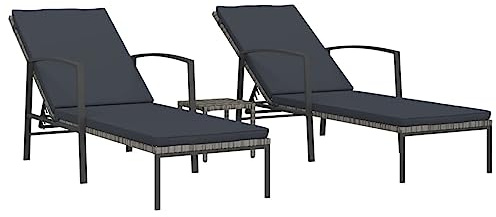 vidaXL 2X Sonnenliege mit Tisch Beistelltisch Gartenliege Relaxliege Liegestuhl Strandliege Gartenmöbel Liege Saunaliege Poly Rattan Grau
