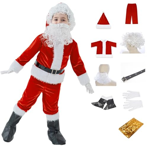 AMHSCOCA Kids Santa Costume 9PCS Christmas Santa Claus Costume for Kids Santa Suit Cosplay Party Outfit for Boy Children