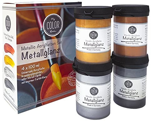 My COLOR Room Metallic Acrylfarben Set (Silber, Silbergrau, Gold, Bronze, 4 x 100 ml) Metallglanz, universale Acryl-Bastel-Farbe mit edlem Metallic-Effekt - Made in Germany
