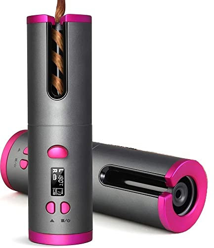 EMEBAY Ferro Riccioli Automatico Senza Fili Riccioli Ricaricabile USB Bigodino Anti-Ustione con Timer, Ferro Ricci Auto Rotante Portatile 6 Temperatura Capelli Lunghi e Corti