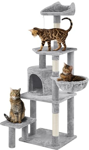 Yaheetech Árbol de Gatos con Plataforma Torre con Nido para 1-3 Gatos Medianos 48.5x40.5x145 cm Gris Claro Gris Claro