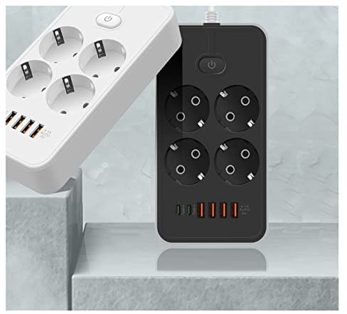 Tira de protección contra sobretensiones Tira de alimentación, placa de conexión de salida de CA con extensor de puertos USB tipo C, Cable de 2m, cargador de toma múltiple, adaptador de filtro de red