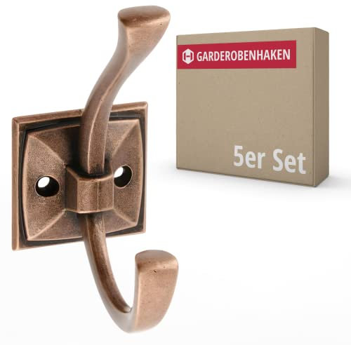 Gedotec Garderoben-Haken Metall Kupfer antik I KARO I Aufhänger Tiefe: 75 mm I 5 Stück Kleiderhaken I Wand-Garderobe zum Schrauben I Mantelhaken Modern I Design Wandhaken mit Befestigungsmaterial