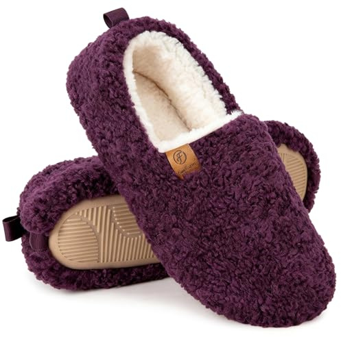EverFoams Women’s Soft Curly Full Slippers Memory Foam Lightweight House Shoes Cozy Loafer with Polar Fleece Lining Dark Aubergine,9-10 US