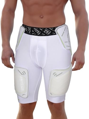 Exxact Sports Gladiator 5-Pad Adult Football Girdle for Men with Cup Pocket, Padded Compression Shorts with Integrated Hip, Thigh, Tailbone Pads, Men's Girdle Football (White, AL)