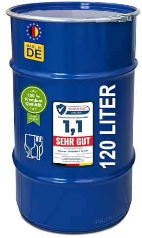 plasteo Stahlfass 120L Hobbock Deckelfass Made in Germany UN-Zulassung Lebensmittelecht | Mülleimer Behälter Mistkübel