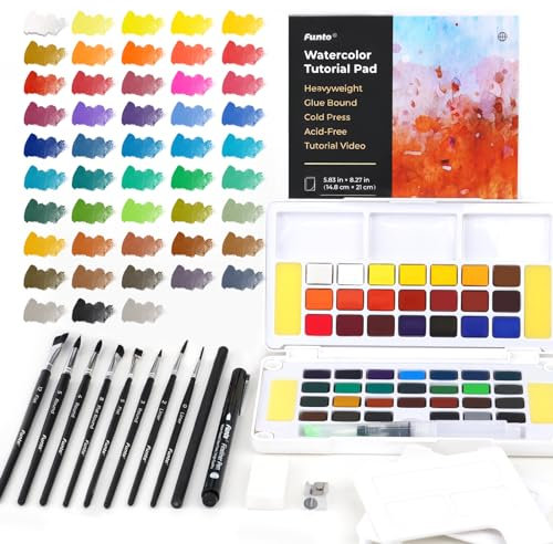 Funto Aquarellfarben-Set, 48 Farben, Übungsblock, 8 Pinsel, Wasserpinselstift, Bleistift, Fineliner, Radiergummi, Klebeband, Bleistiftspitzer, Sprühflasche, Malset für Erwachsene, Anfänger, Profis