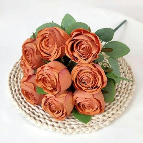 ZFISH Roses simulées 9 têtes Bouquets Tenant décoration de Salle de Mariage Arrangement de Vase à la Maison Accessoire de Photographie Fleurs en Soie artificielles-café-2 pièces